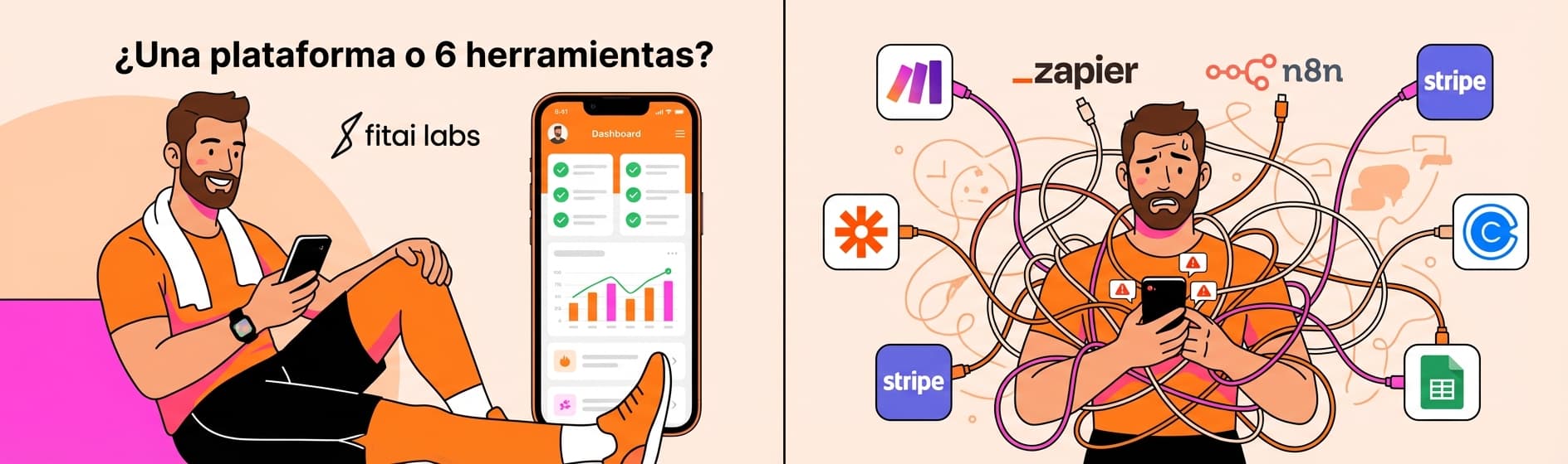 Automatización para entrenadores personales y gimnasios: plataforma con IA vs. Make, n8n y Zapier (2026)
